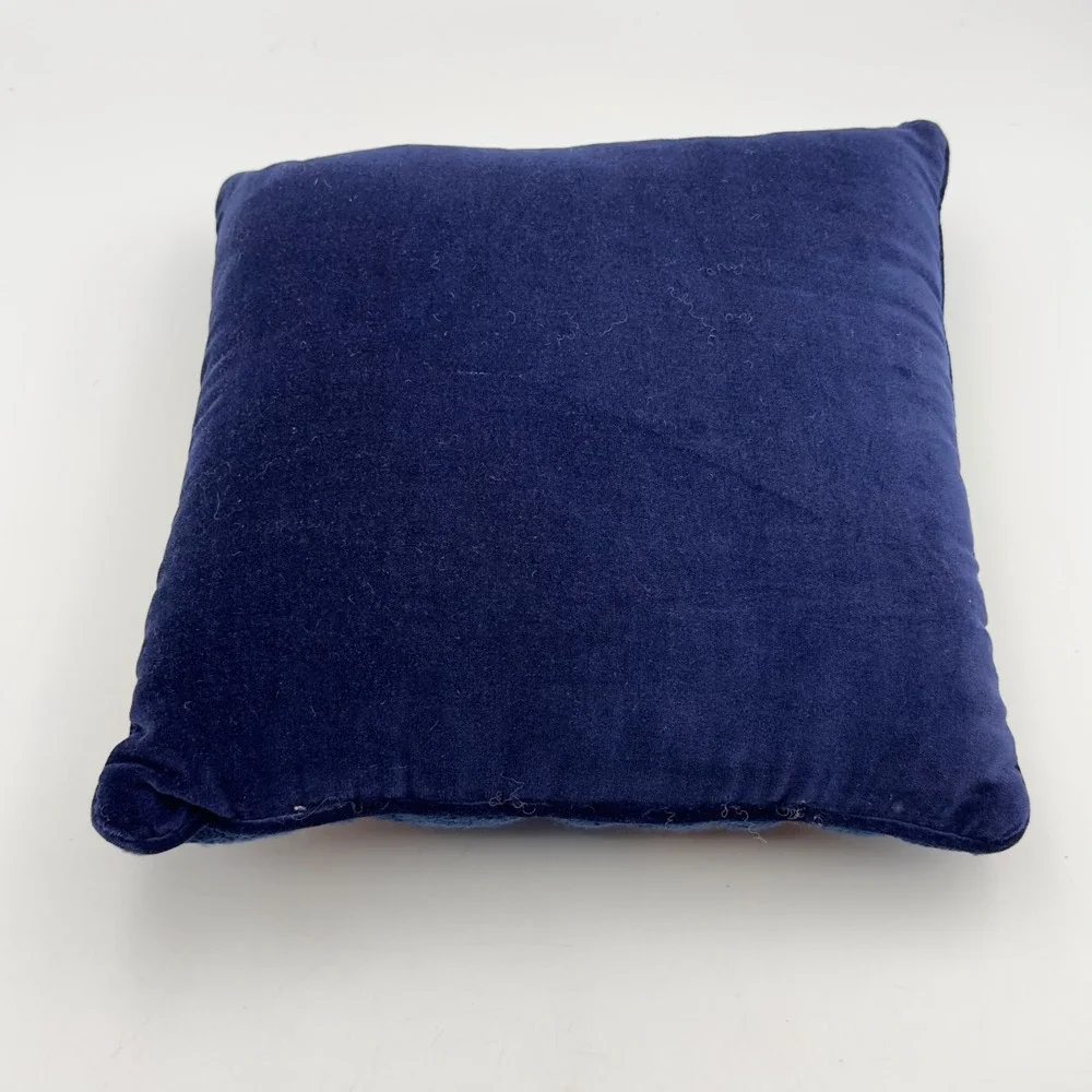Vintage Needlepoint Teddy Bear Throw Pillow Navy Blue Velvet Plaid Scarf 11x11